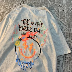 Try To Make Every Day Happy Tops Man Hip Hop Loose T Shirts Vintage Breathable Casual Wear Personality O-Neck Clothing Women