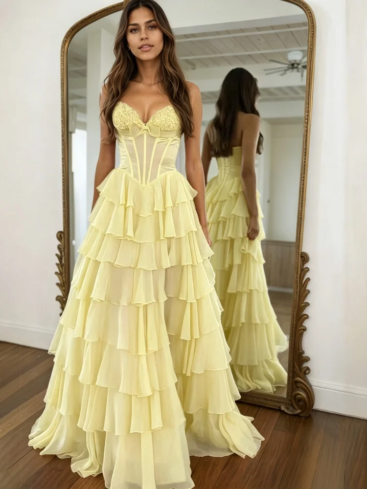 Women Dresses Strapless Sweetheart Corset Evening Dresses Tiered Chiffon Floor Length Formal Prom Party Dresses