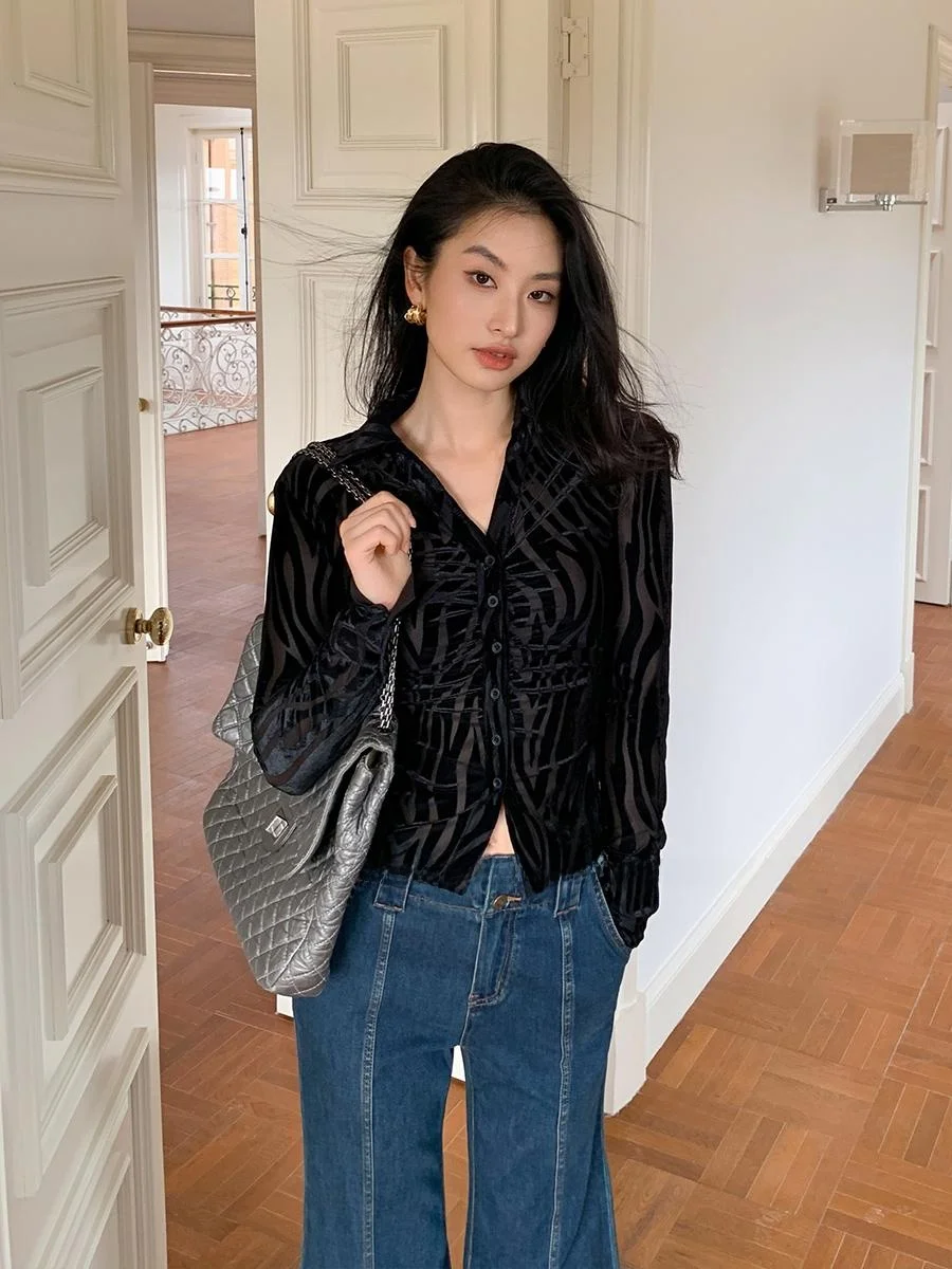 

ALONE SAVOR Dragon Joy Light Thin Breathable Small Collar Zebra Patterned Floing irt French Sle Slim Fit Long Sve