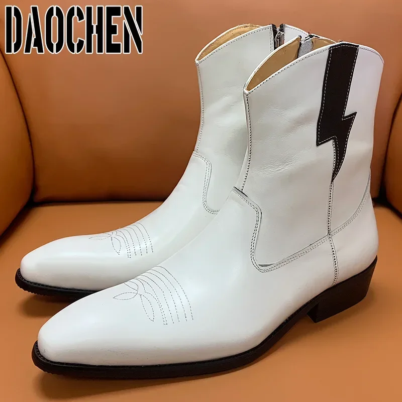 Luxury Brand Men Ankle Boots Zipper Chelsea Boots Shoes Lightning White Casual Mens Dress Shoes Real Leather Men\'s Boots