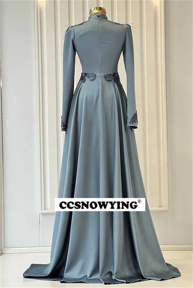 Appliques Feather Long Sleeve Muslim Evening Dresses Satin Hijab Islamic Formal Party Gown Arabic Dubai Women Robes De Soirée