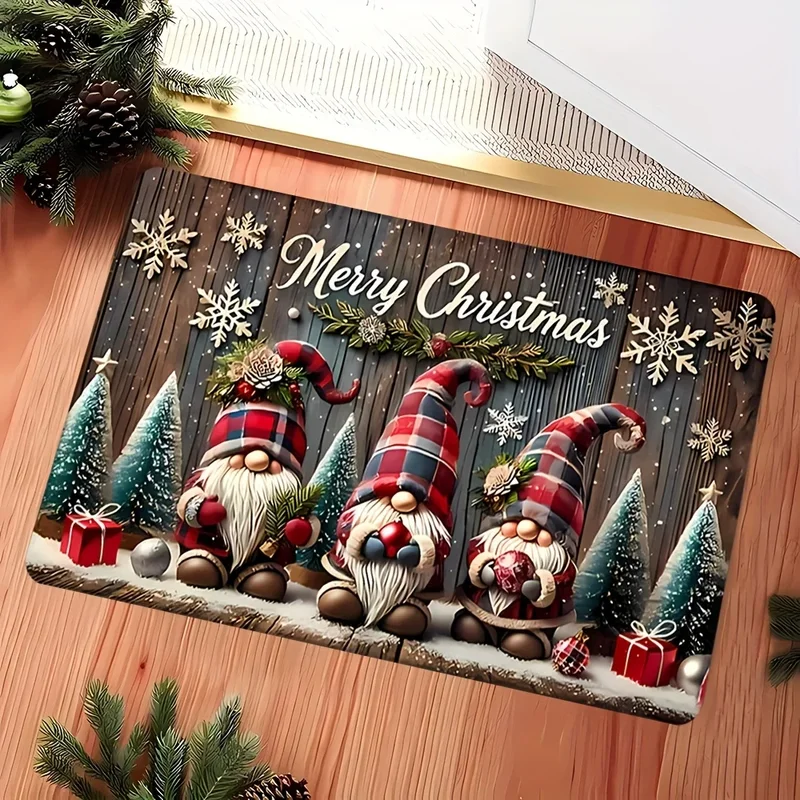 VIKAMA Buffalo Plaid Gnome Door Mat Christmas Tree Non Slip Welcome Floor Rug For Entryway Front Door Porch Xmas Decor