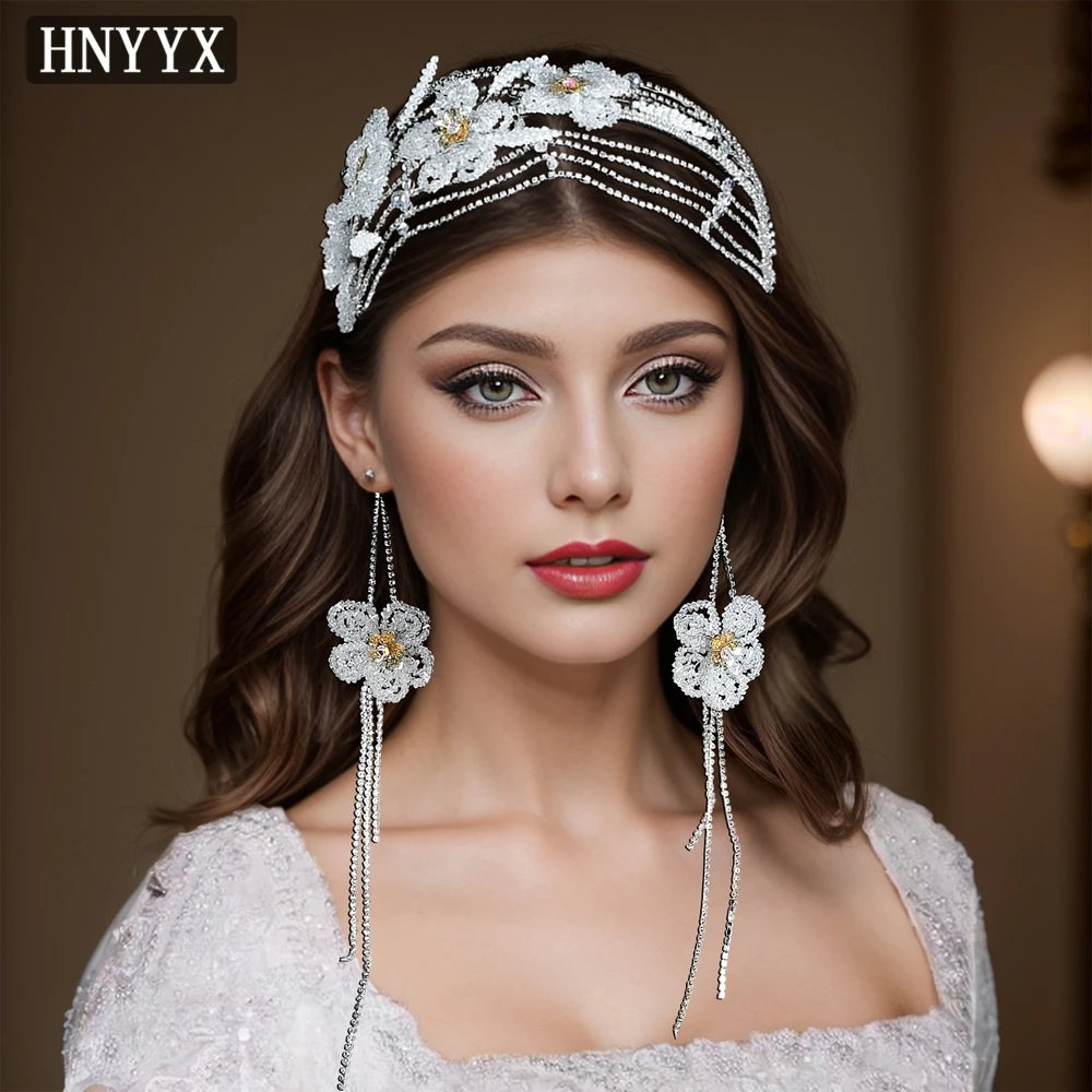 HNYYX  Rhinestone Headband Wide Vintage Crystal Hair Accessories Flower Beaded Tiara Long  Tassel Hair Piece A101