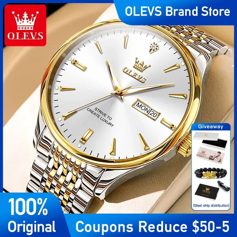 

OLEVS Mens Watch Original Large Dial Brand Quartz Watch Waterproof Luminous Reloj stainless steel Watch For Man with box