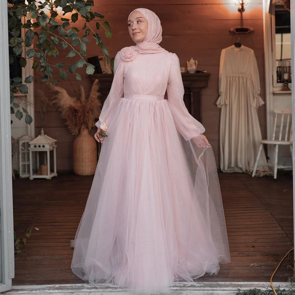 

Sevintage Modest Pink Tulle Prom Dresses Long Sleeves High-Neck A-Line Arabic Muslim Evening Dress Formal Party Gowns 2023