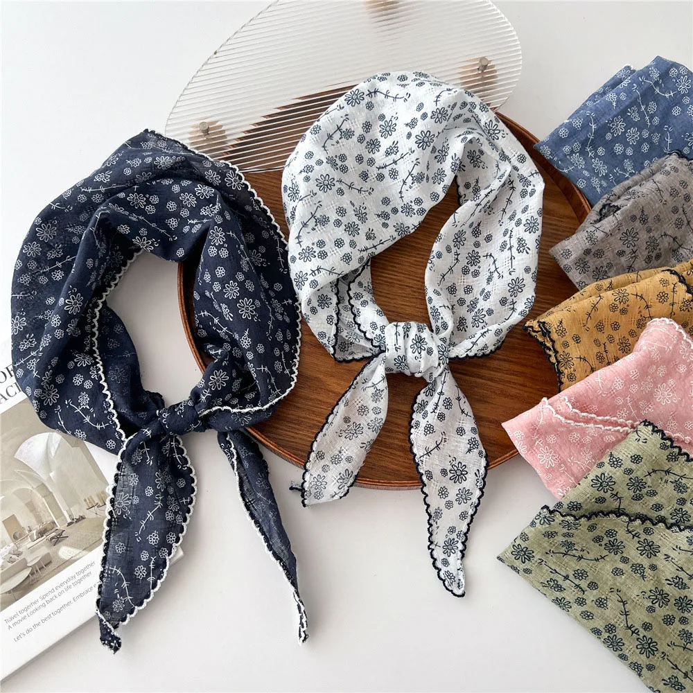 Flower Print Cotton Line Floral Lace Triangle Scarves Small Vintage Skinny Scarf F Women Girls Headband Accessories Handkerchief