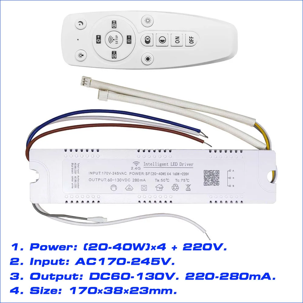 Módulo Driver LED inteligente para lâmpada do teto, escurecimento da cor e mutável, controle remoto RF e APP, 37-60W x 4, 220V, 2.4G, 1 par