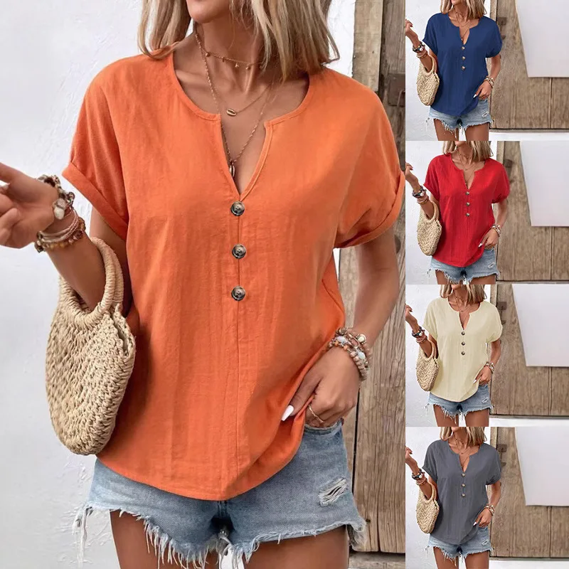 

2025 Summer New European and American Women's Clothing Button V-neck Short-sleeved T-shirt Top Women