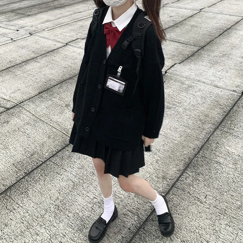 Japanese Uniform Girls Black Pink Seifuku High School Long Sleeve Sweater Knitted JK Uniforms Cardigan Student Anime Cosplay