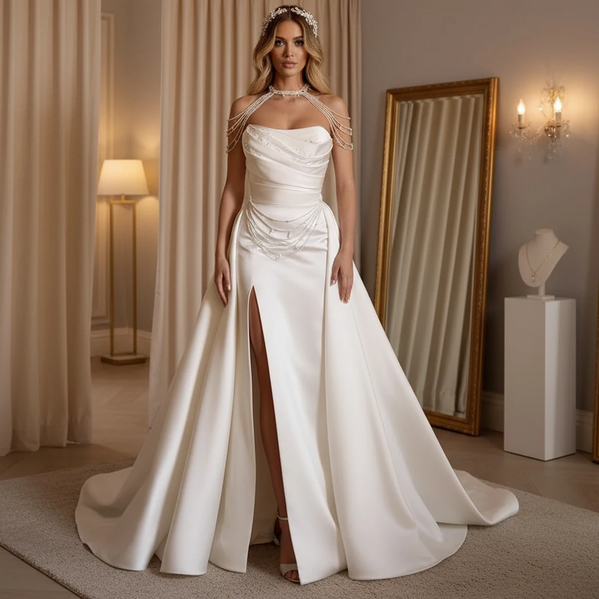 

Elegant Beaded Mermaid Strapless Wedding Dresses For Bride Sheath Satin Long Bridal Gown With Slit Vestidos Novia