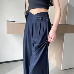 New Chinese style Tencel Jeans Women's Summer Thin High Waist Draping Chinese Pan Buckle Narrow Straight Suit Wide Leg Pants