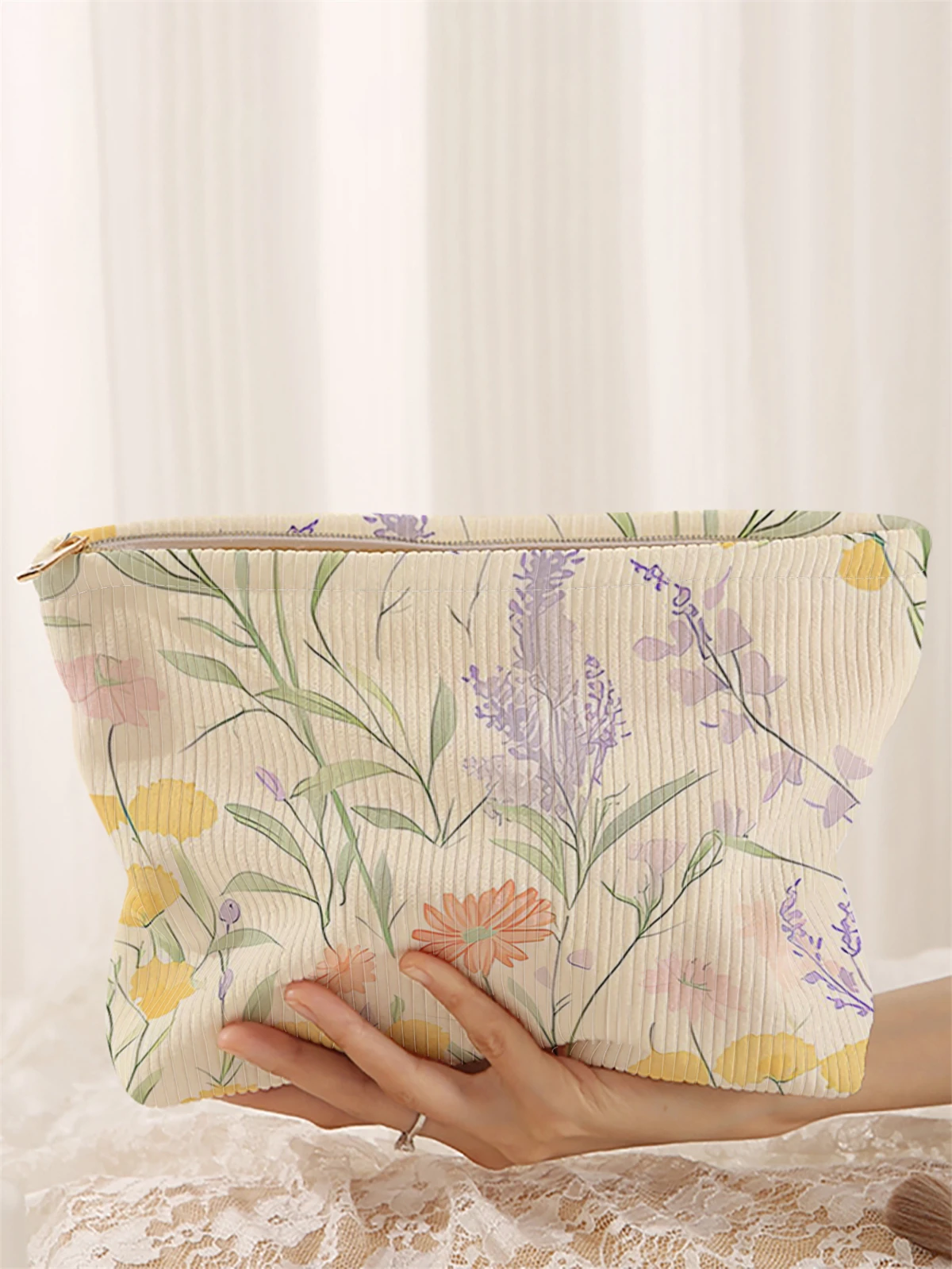 1 bolsa de maquillaje de pana floral, caja ligera de almacenamiento de maquillaje con cremallera, bolsa multifuncional con forro