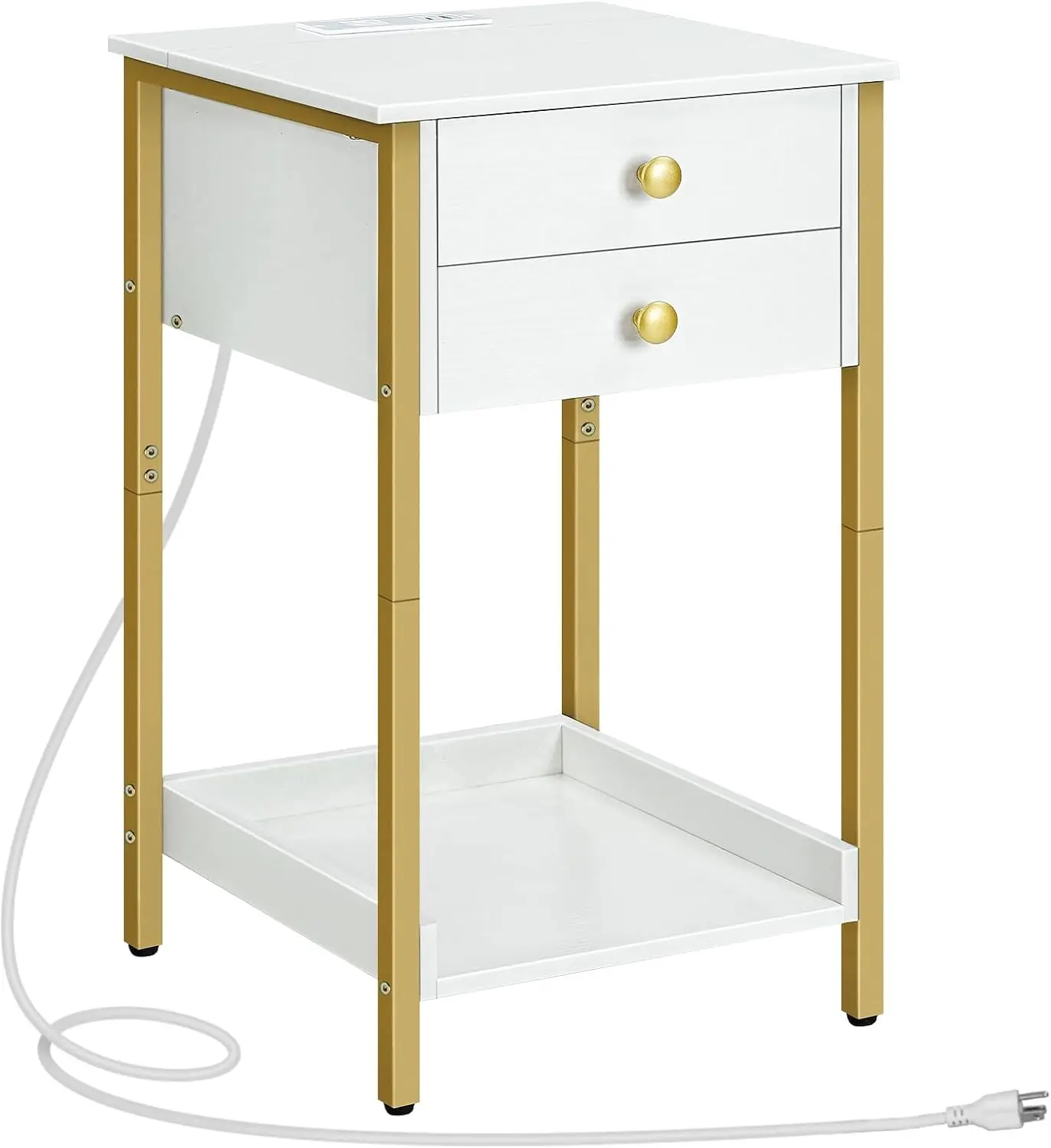 

End Table with Charging Station, Tall Nightstand with Storage Drawer, Small Side Table with Gold Frame, 26.2 Inch Telephone E