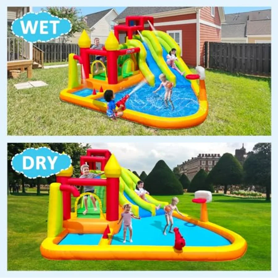 Backyard inflatable bounce house with slide, PVC material, blue and yellow, includes blower, splash pool, water cannon, and cli view 2