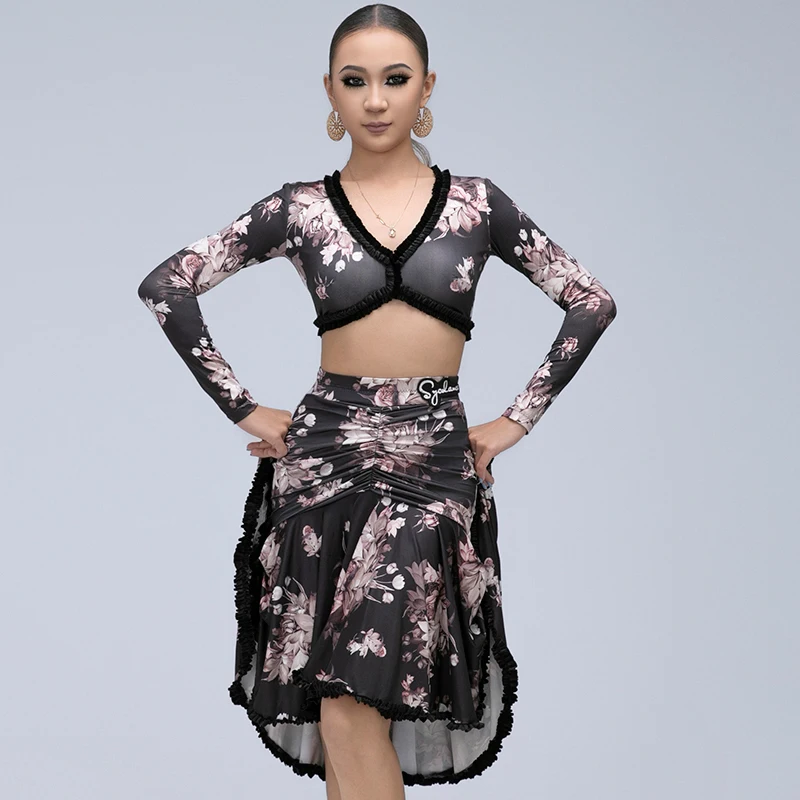 

2025 Latin Long Sleeved Split Skirts Practice Suit Chacha Rumba Tango Dress Adult Latin Dance Competition Clothes Women DQS18470