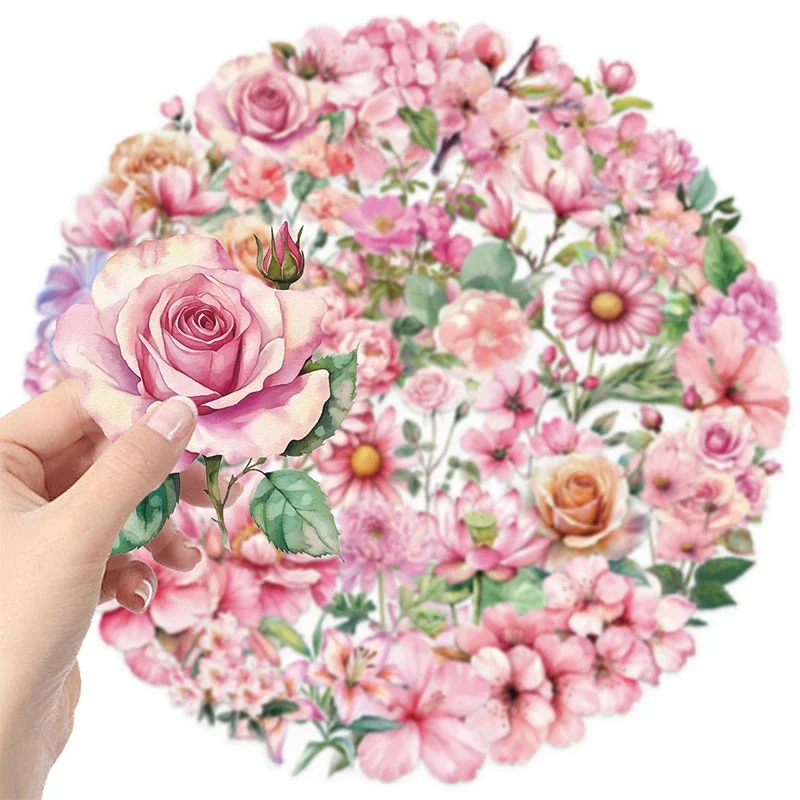 50PCS Pink Flower Stickers for Window & Water Bottles PET Colorful Nature Plant Floral Transparent Decals