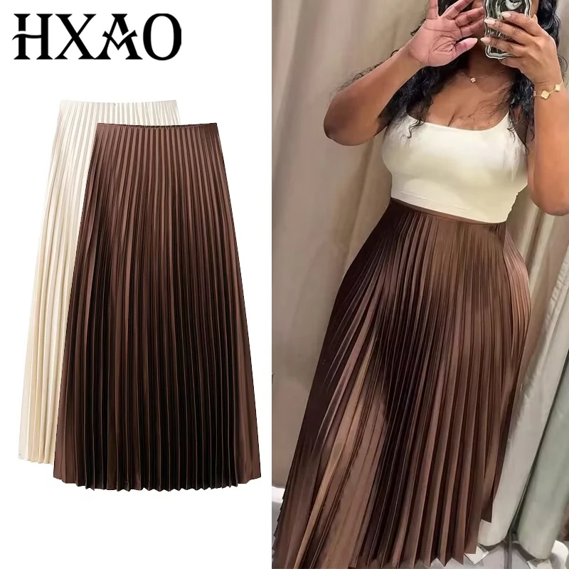 HXAO Falda plisada para mujer, falda con volantes marrones de verano, pliegues cilíndricos, falda Midi de cintura media, falda larga elegante a la moda para mujer 2025