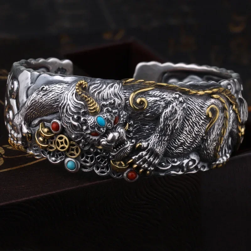 Sterling Heren Brede Klassieke Mode Dominante Pixiu Armband Om Rijkdom Aan Te Trekken Persoonlijkheid Retro Chinese Stijl