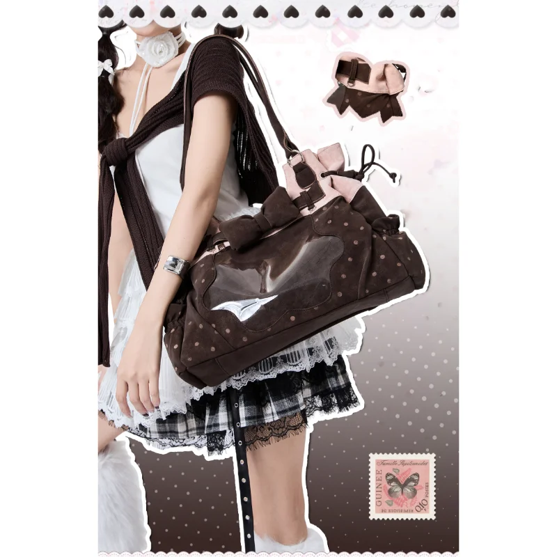 Brown & Pink Polka Dot Ita Bag, Suede Texture Shoulder Tote with Bow Decor & Clear Window, Kawaii Lolita Style Handbag for Doll