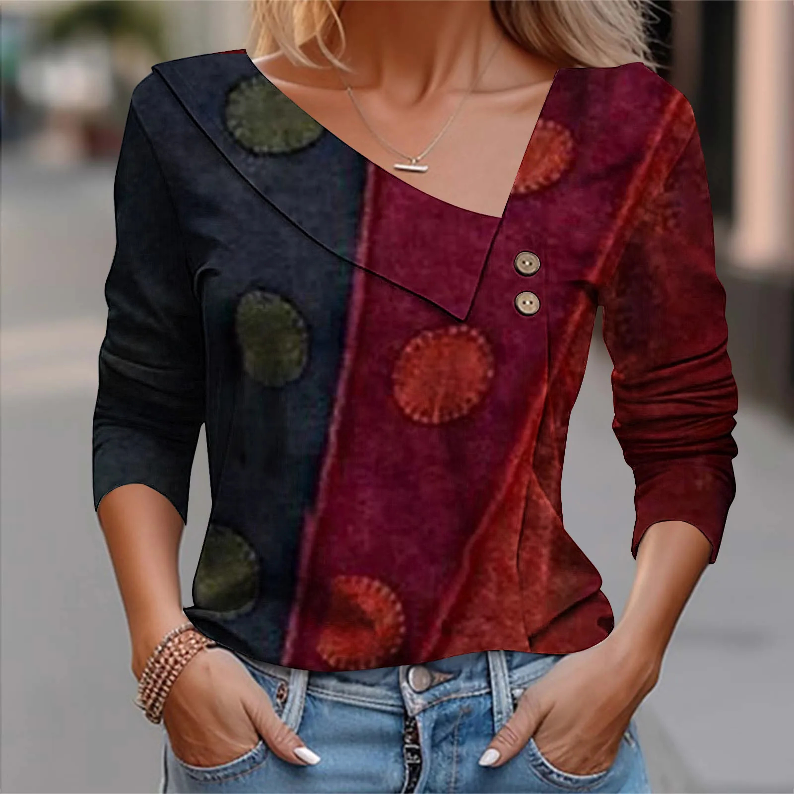 2024 Autumn V-neck Origin Print Color Shirt With Buttons Commuter Lady Harajuku Design Sense Pullover Spring Blouse For Women
