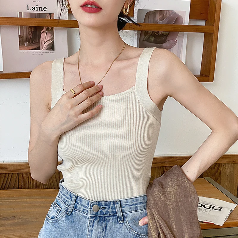 Camisola de primavera y verano para mujer, camisetas tejidas sin mangas, Tops cortos, chalecos informales ajustados elásticos para mujer, Jersey, camisola y camisetas sin mangas