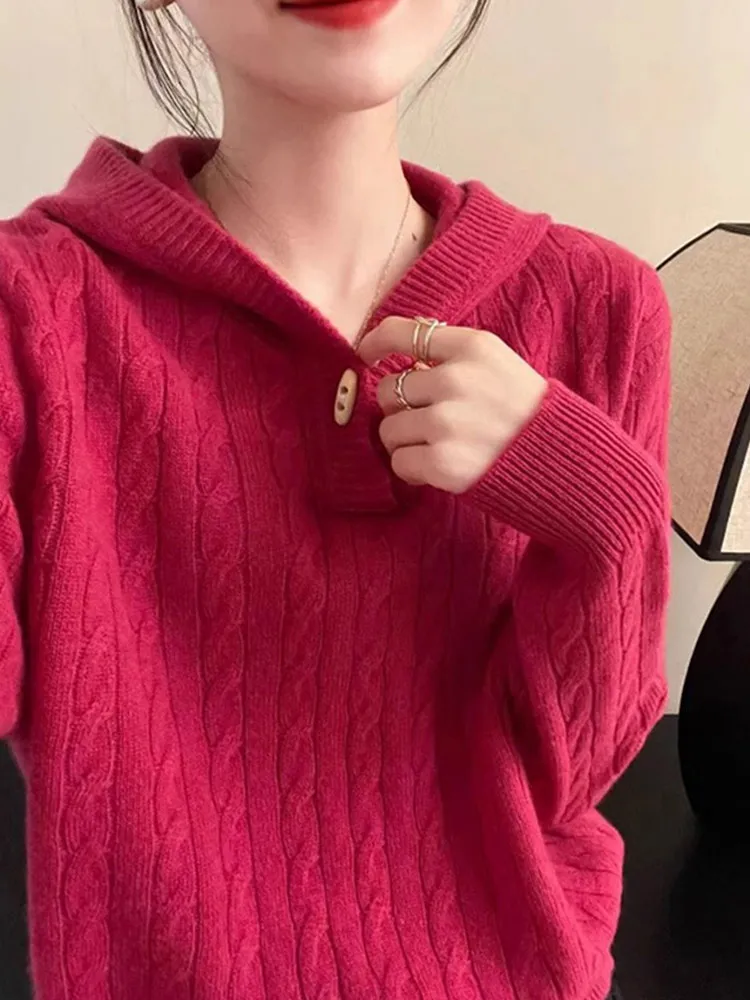 

Soft Cozy Knitted Hat Sweater Long Sve Hoodie Pure Color Faionable Casual Top Design Sense Twist Yarn Women's Knitwear