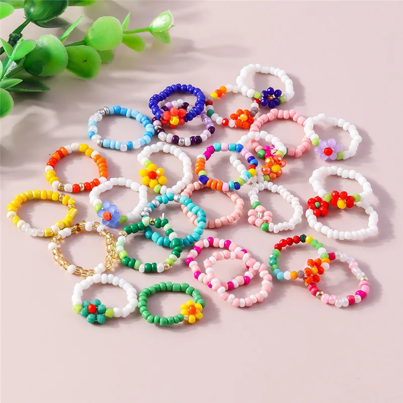 Aihua Koreanische Bunte Kleine Blume Ring Sets Böhmen Handgemachte Multi Perlen Reis Perlen Finger Ring Für Frauen Strand Schmuck Geschenke – Detail 5
