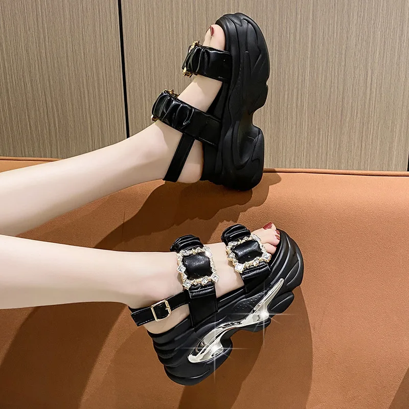 Metal Double Buckle Chunky Sandals Women Summer 2023 Shiny Crystal Platform Sandals Woman Fashion Pleated Thick Bottom Sandalias