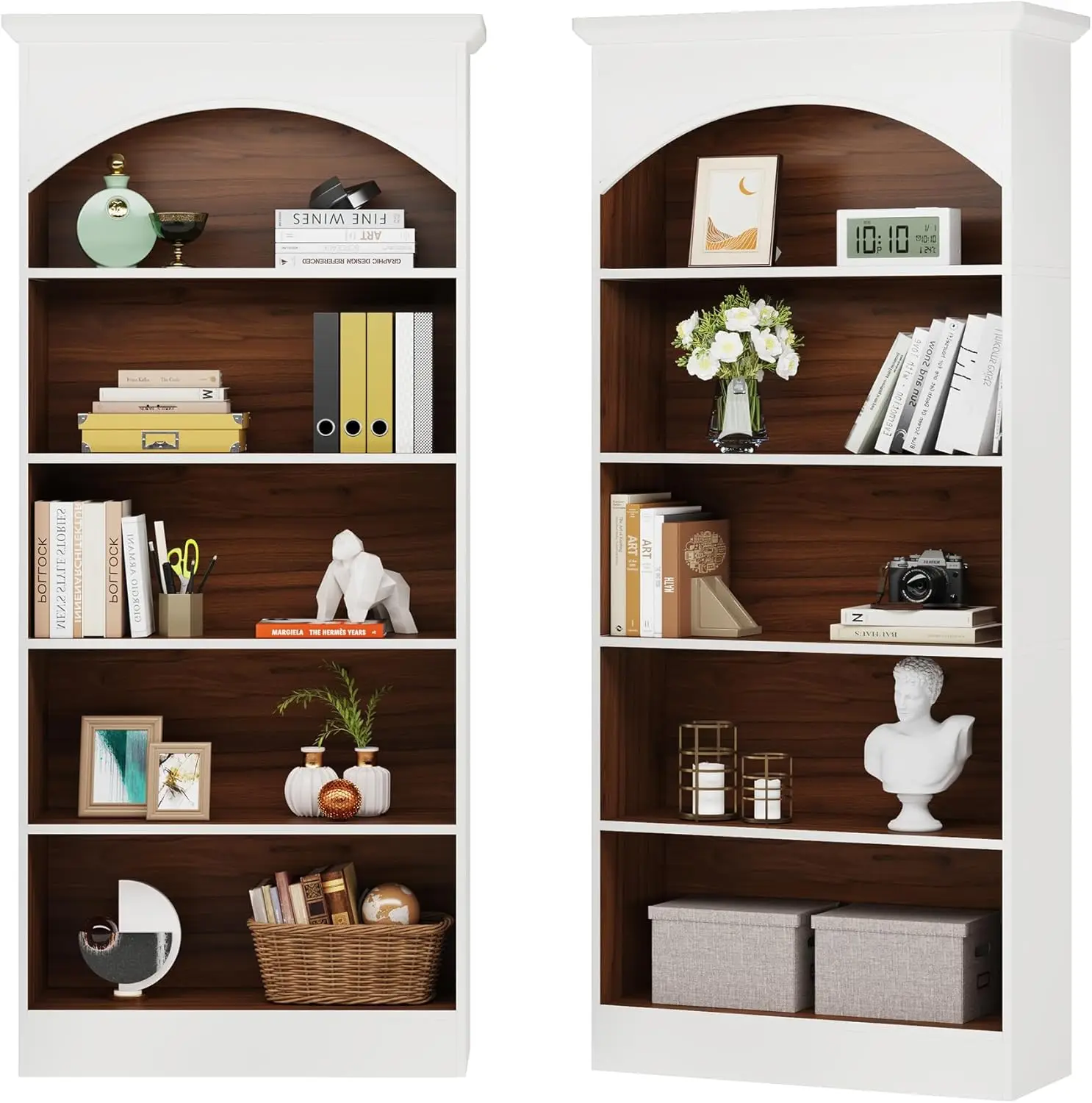 5-Shelf White Bookcase Set of 2, 70.9'' Tall Bookshelf with Storage Shelves, Vintage Free-Standing Library Book Shelving Unit