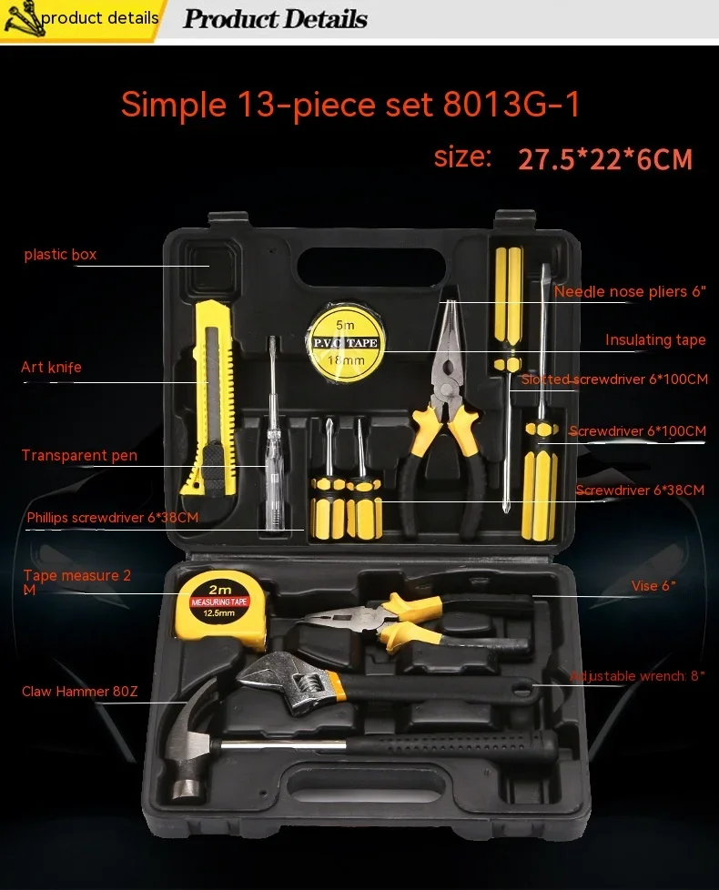 13-piece Multi-functional Hardware Kits Dual Use In Car And Home Combination Toolbox With Sharp Nose Pliers Included workpro