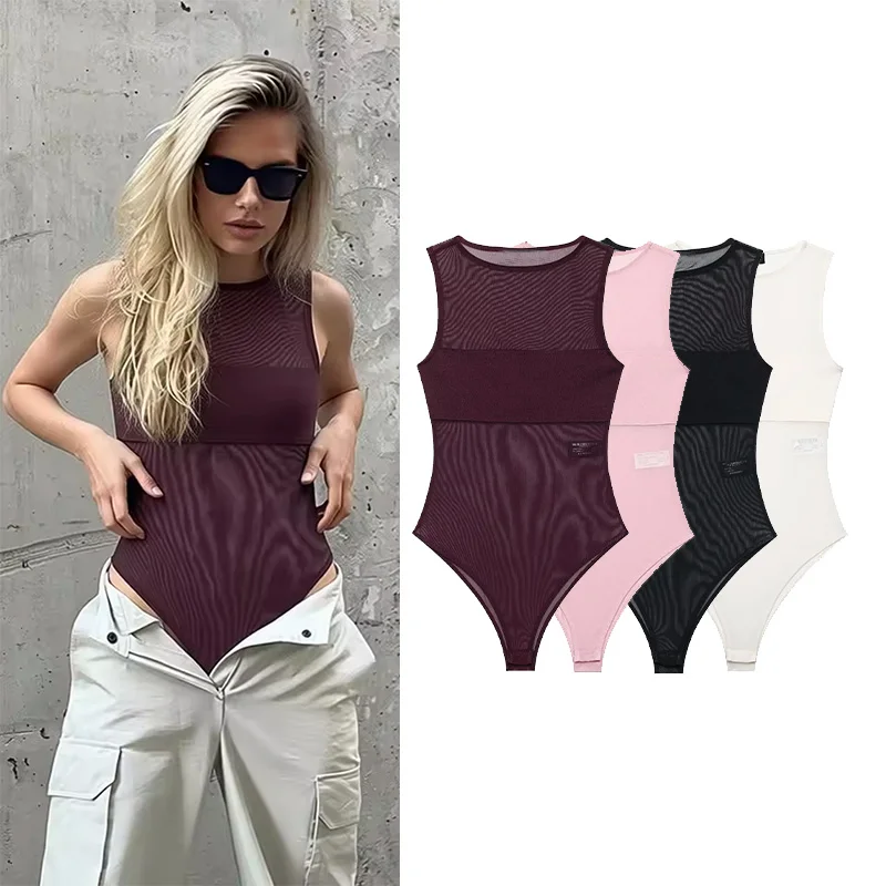 Women's Combined Tulle Bodysuit Spring Summer Sexy Lightweight O Neck Sleeveless Women Playsuit Beach Style Female Bodysuits