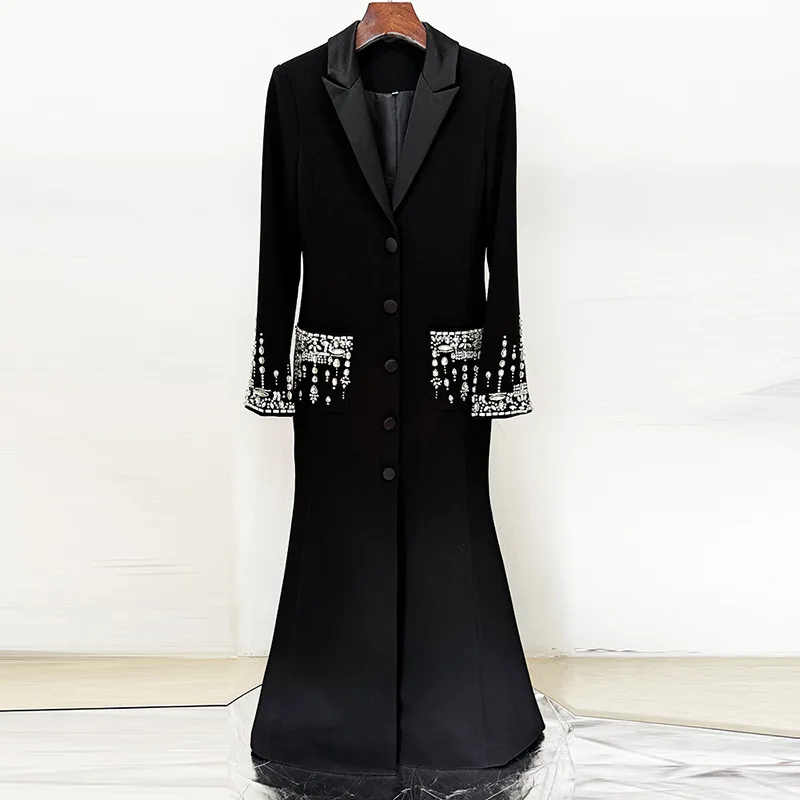 Autumn New Women's Fashionable Temperament Commuting Long Sleeved Heavy Industry Nail Bead Inlaid Diamond Suit Collar Dress