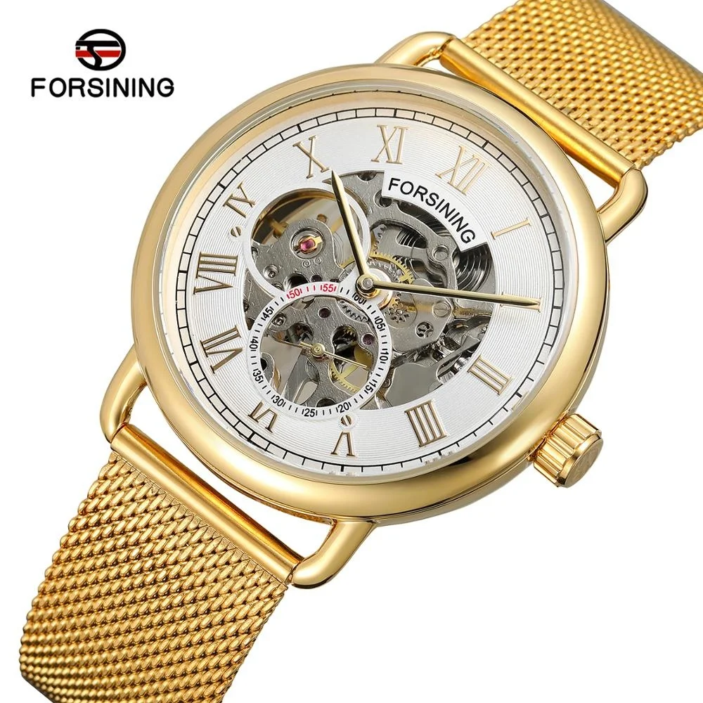 FORSINING-Montre de Luxe Dorée Transparente pour Homme, Design Décontracté, Bracelet en Maille, Marque Supérieure, Modules Mécaniques, 275