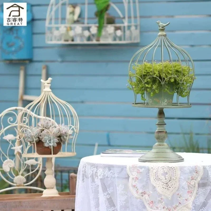 Retro Iron Flower Stand Tall Birdcage Succulent Planter Garden Freestanding Greenery Display Rack Vintage Craft Hanging Basket