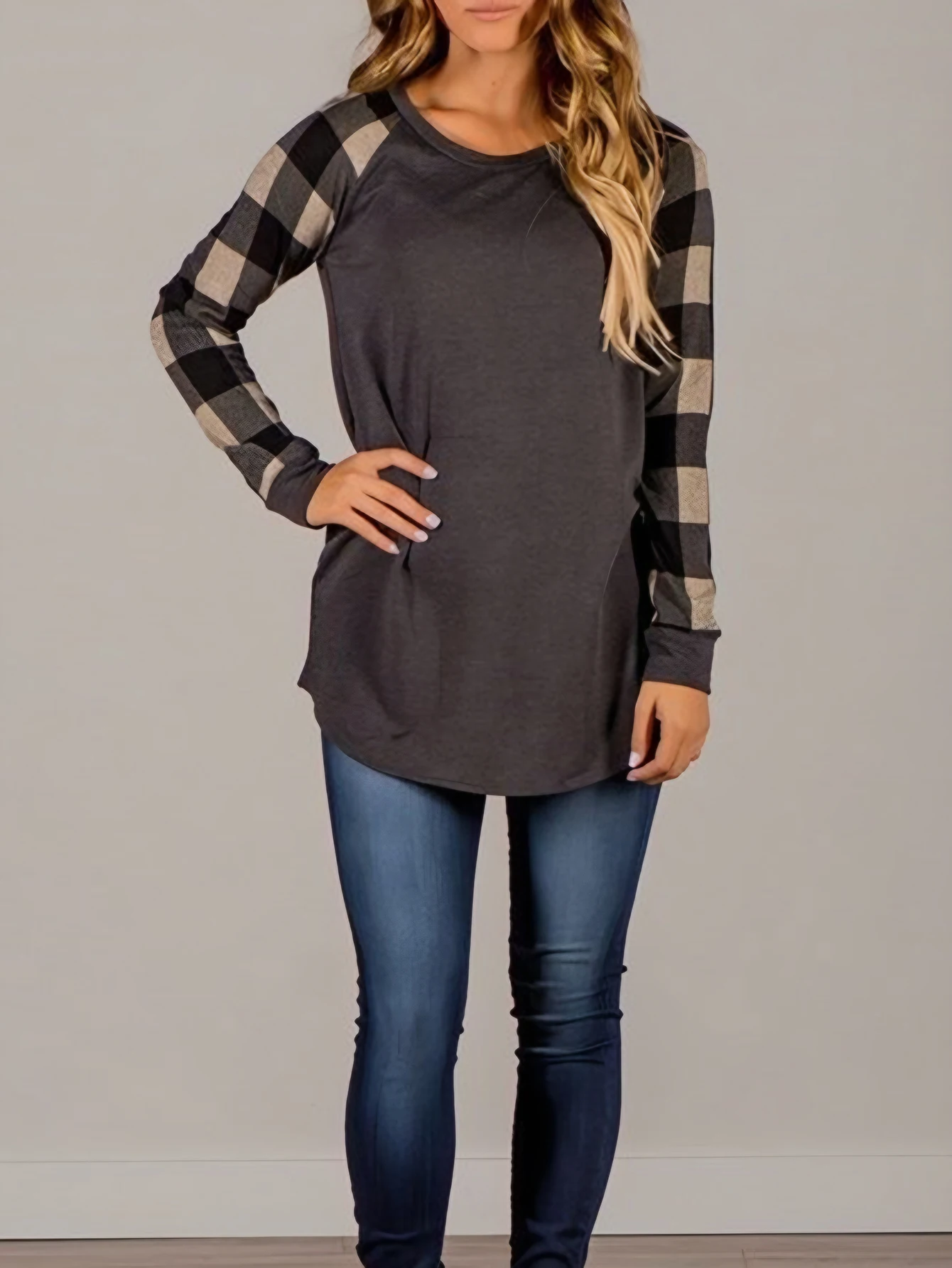 

Women's Autumn T-Shirt Casual Comfortable Patchwork Plaid Long Sleeve round Neck Daily Top Tees
