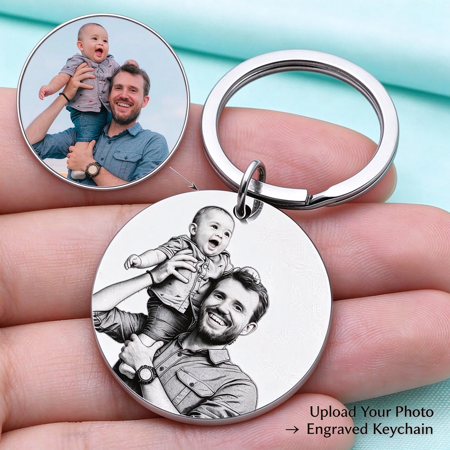 Custom Family Portrait Round Keychain, Personalized Photo Engraved Keyring, Custom Dad Gift, Fathers Day Keepsake Memory Gift