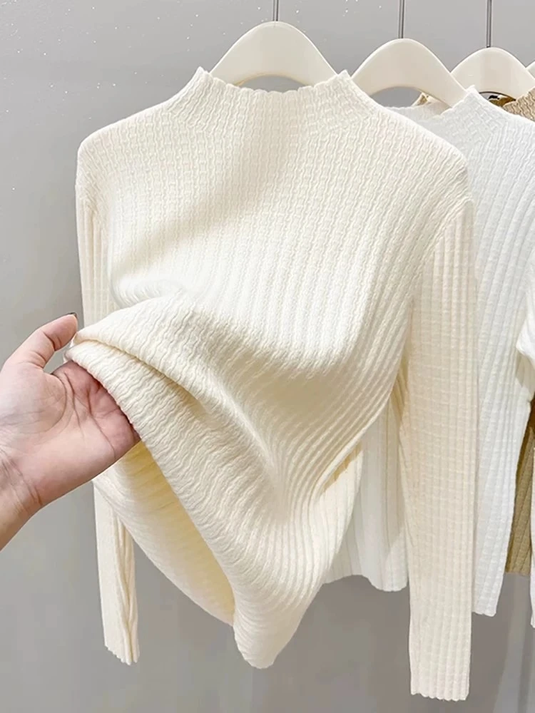 Mock Neck Knit Pullover 2026 Autumn Winter Women Sweater Korean‑Inspired Ladylike Chic Slim‑Fit White Long‑Sleeve Inner Base Top