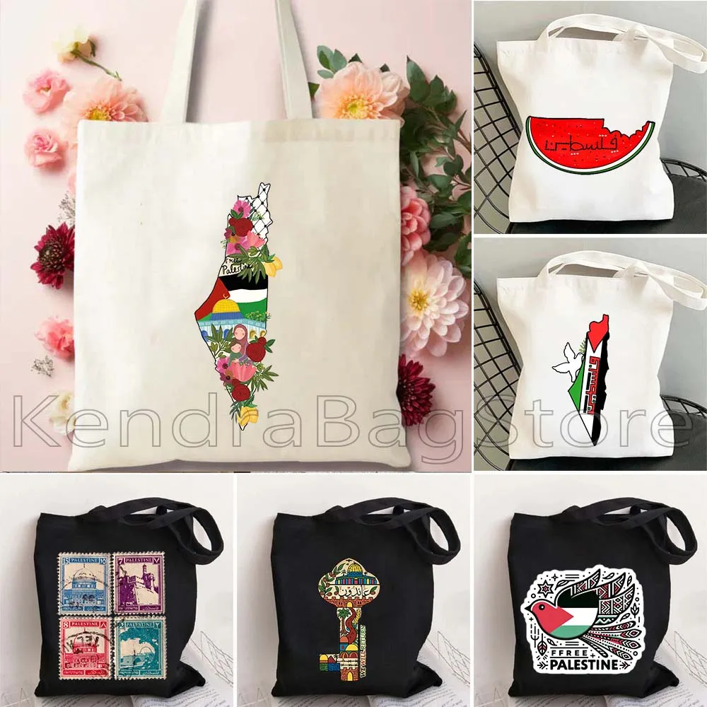 

Retro Tatreez Embroidery Pattern Al Aqsa Mosque Canvas Totes Bag Love Peace Arabic Gifts Calligraphy Arab Woman Casual Handbags