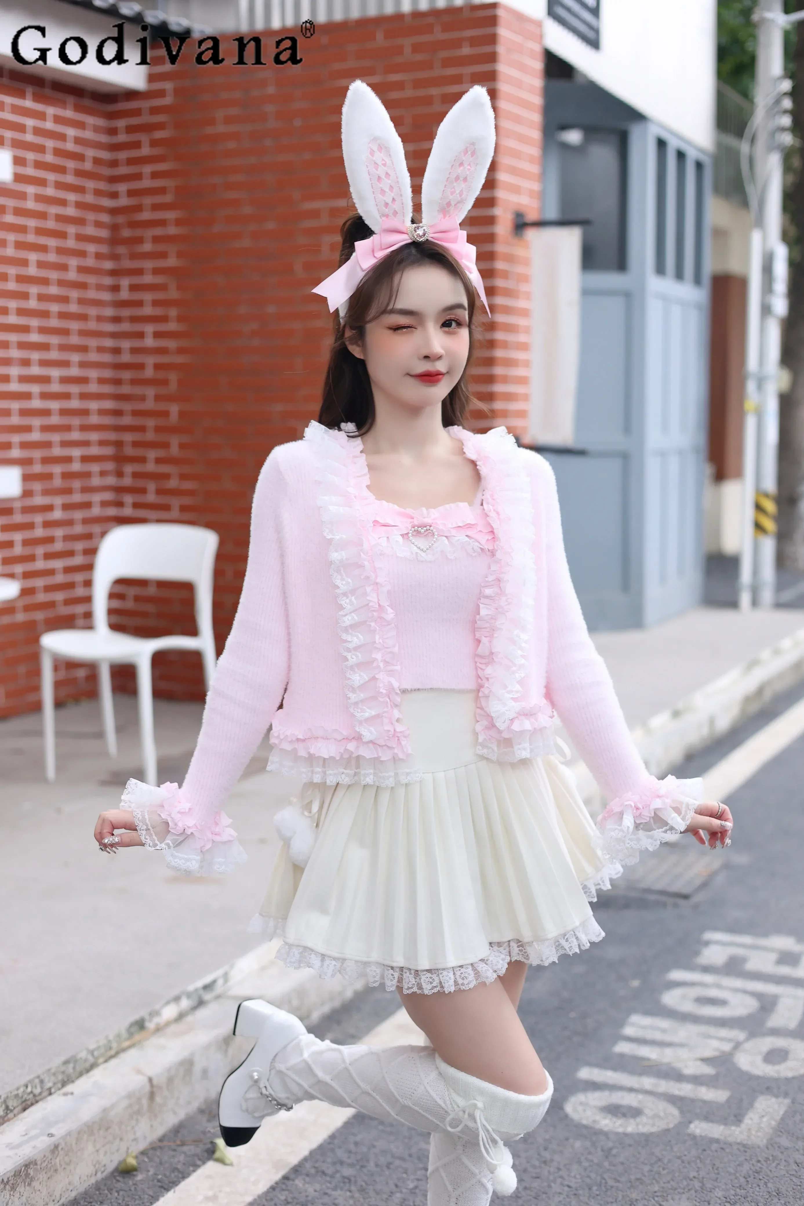 French Celebrity Style Pink Knitted Cardigan Set Women Autumn Slim-Fit Elegant Sweater Vest Set Lady Sweet Lolita Two-piece Set