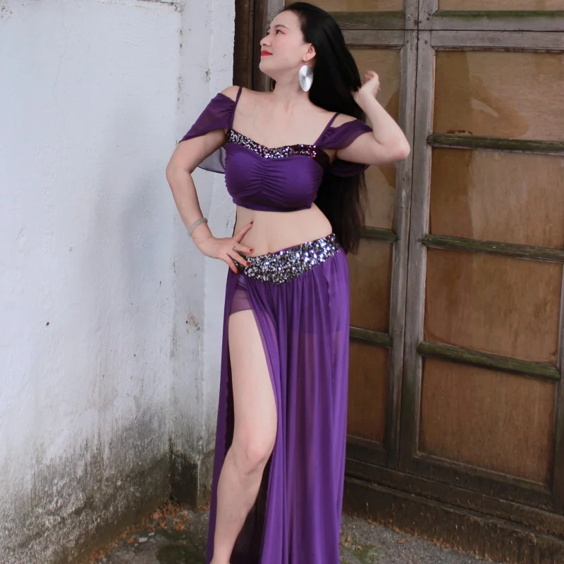 

Новый костюм для танца живота для женщин, высококачественный сетчатый комплект с блестками для взрослых, сексуальный темпераментный профессиональный тренировочный наряд