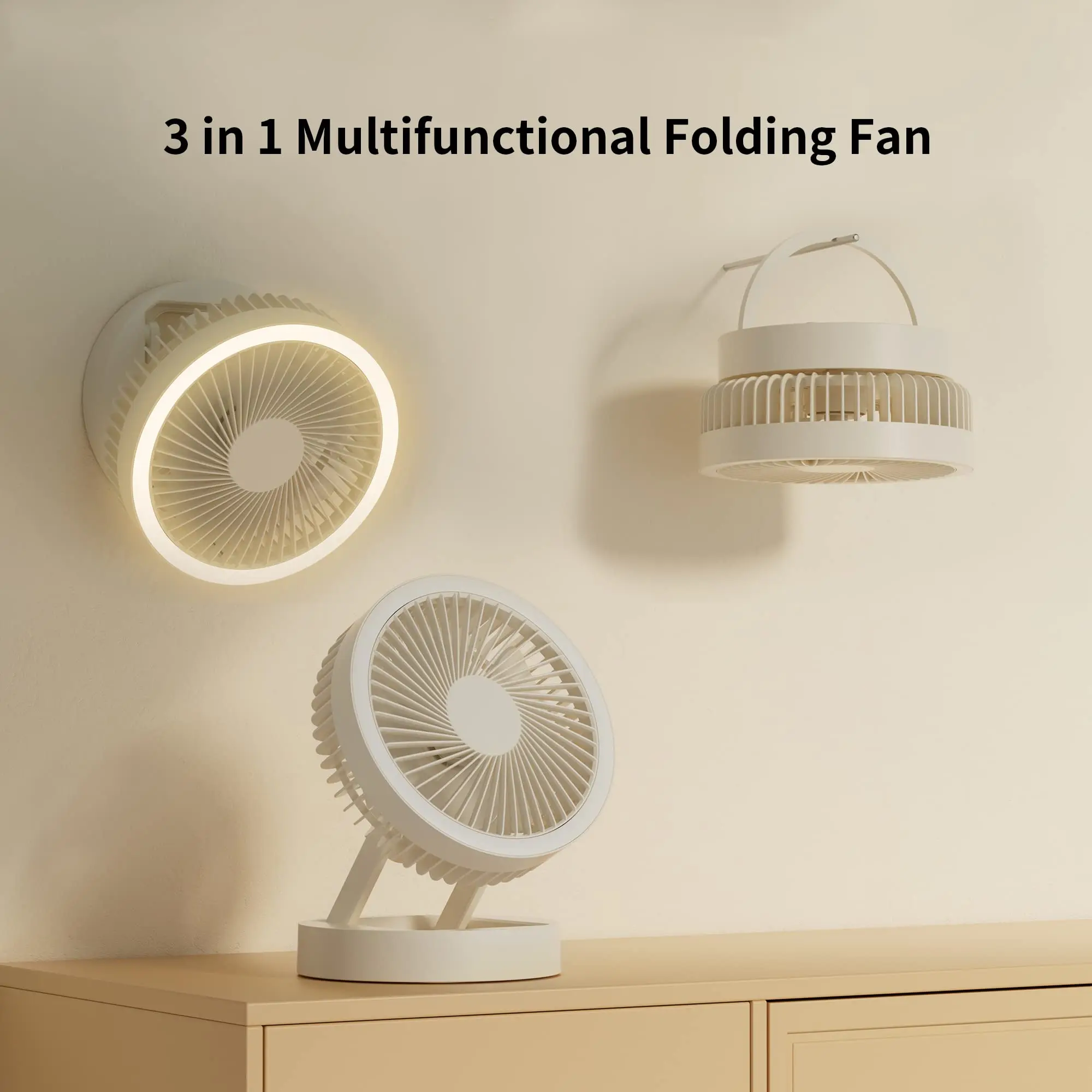 Kexi Portable Fan, 3-in-1 Multifunctional Folding Fan, Desktop, Wall-mounted, Hanging, with LED and USB Charging, Indoor and Out