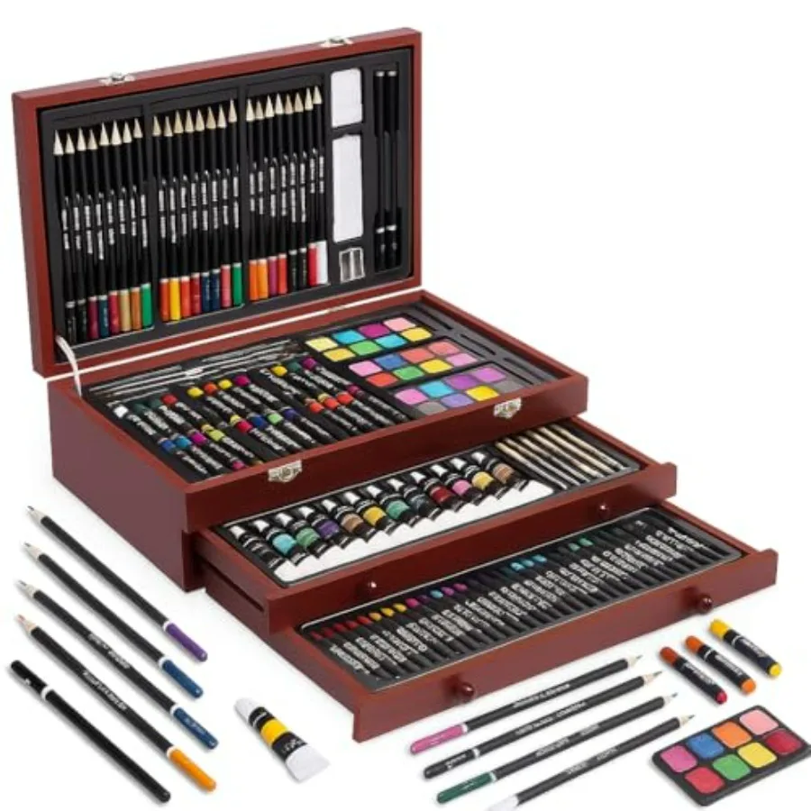 

Набор для творчества Deluxe из 175 предметов: профессиональный художественный набор с блокнотами для рисования, деревянным розовым футляром, цветными карандашами, мелками, акриловыми красками и художественными принадлежностями