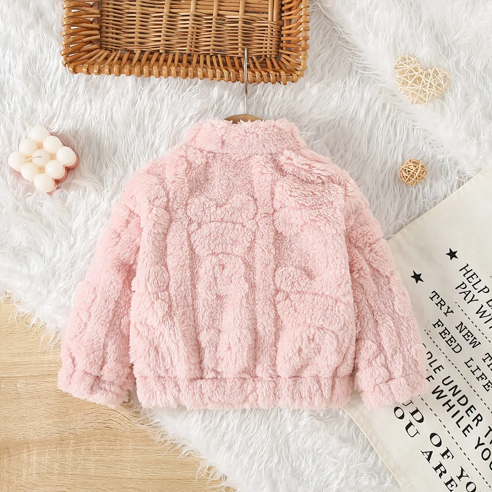 Baby Girl Princess Pink Fleece Jacket With Love Pattern Toddler Child Warm Coat Stand Collar Outwear Winter Baby Clothes