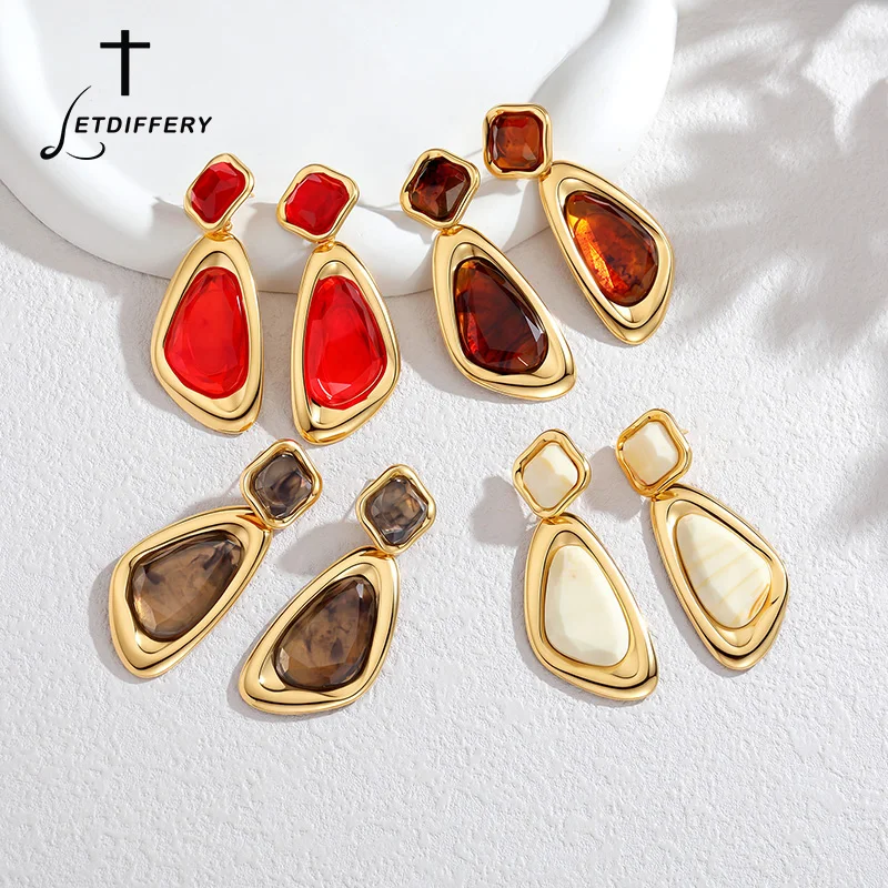 Letdiffery Vintage Irregular Geometric Resin Dangle Earring for Women 18K Gold Plated Drop Earring Waterproof Party Jewelry Gift