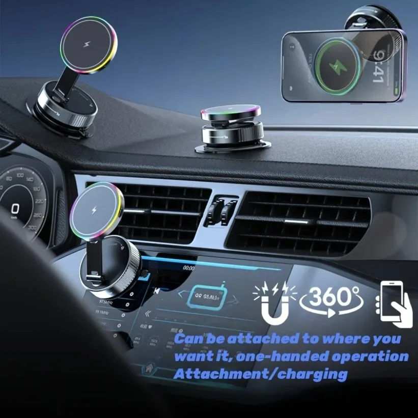 Supporto per ventosa per vuoto di raffreddamento Supporto per telefono per caricabatterie wireless per auto magnetico potente RGB per iPhone 16 15 14 13 12 Ricarica rapida