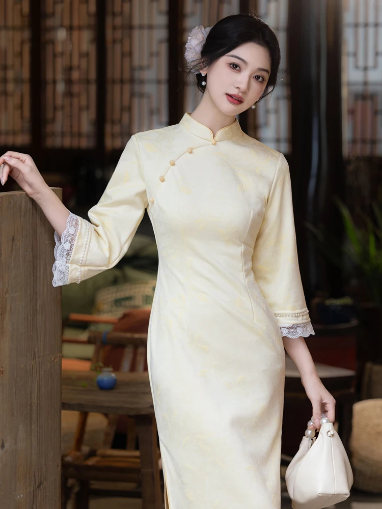 yellow-dress-elegant-reformed-chinese-style-women's-dress-daily-wear-autumn-new-arrival-seven-sleeve-mid-length-skirt