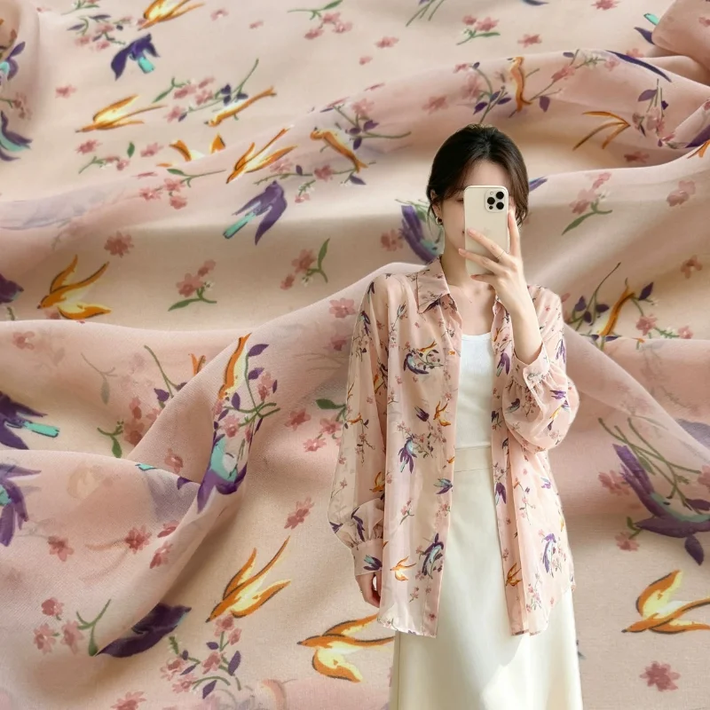 L100cm X W150cm Cinnamon Powder Bird Floral Print Chiffon Fabric Summer Blouse Dress Handmade Sewing DIY Craft Material Textile