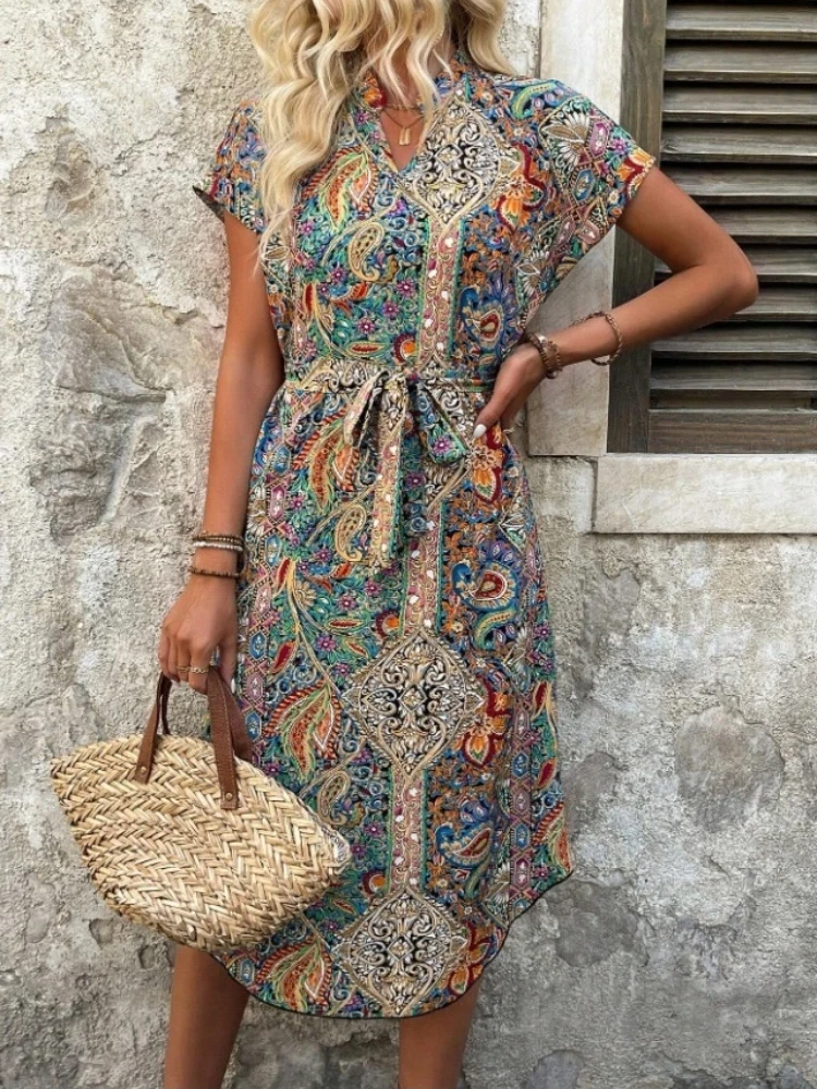 2025 Summer Women's V-Neck Short Sleeve Boho Dress Holiday Vintage Maxi Dress Casual Summer Womens Clothings Dress Robes Female