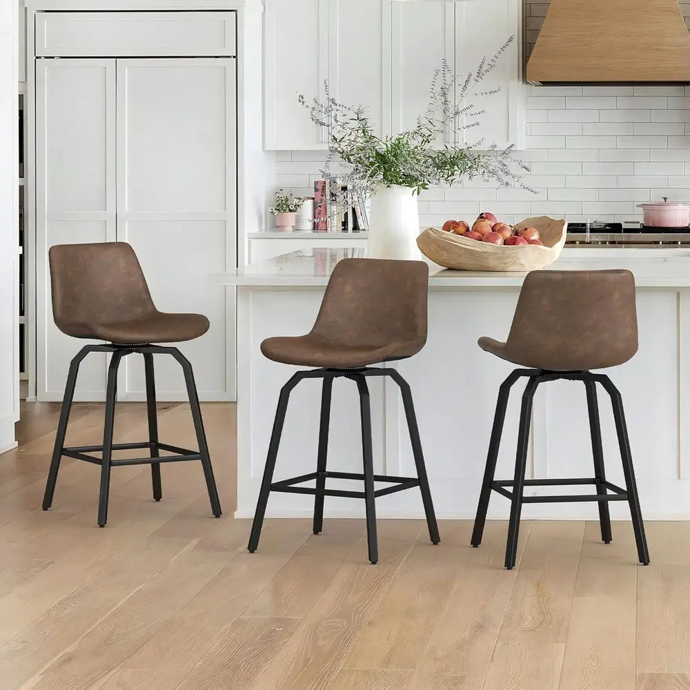 

Set of 3 26 Swivel Counter Height Bar Stools with Vintage Brown Leather Seats and Metal Legs