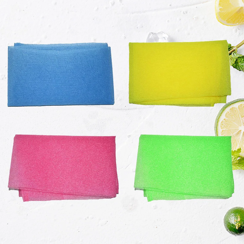 

4pcs Exfoliating Bath Towel Nylon Wash Cloth Back Scrubber Long Strap For Dead Skin Removal Assorted Colors Blue Green Pink
